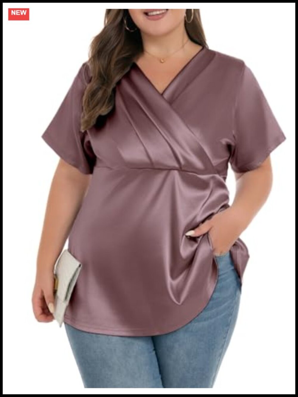 Plus Size Satin V Neck Wrap Blouse Short Sleeve Top